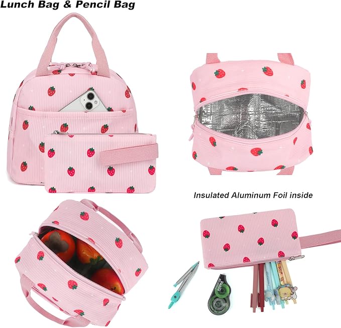 Corduroy Girls Backpack Set, 3PCS School Backpacks for Kids Elementary Middle School Bags with Lunch Box Pencil Case (Pink Corduroy Strawberry)