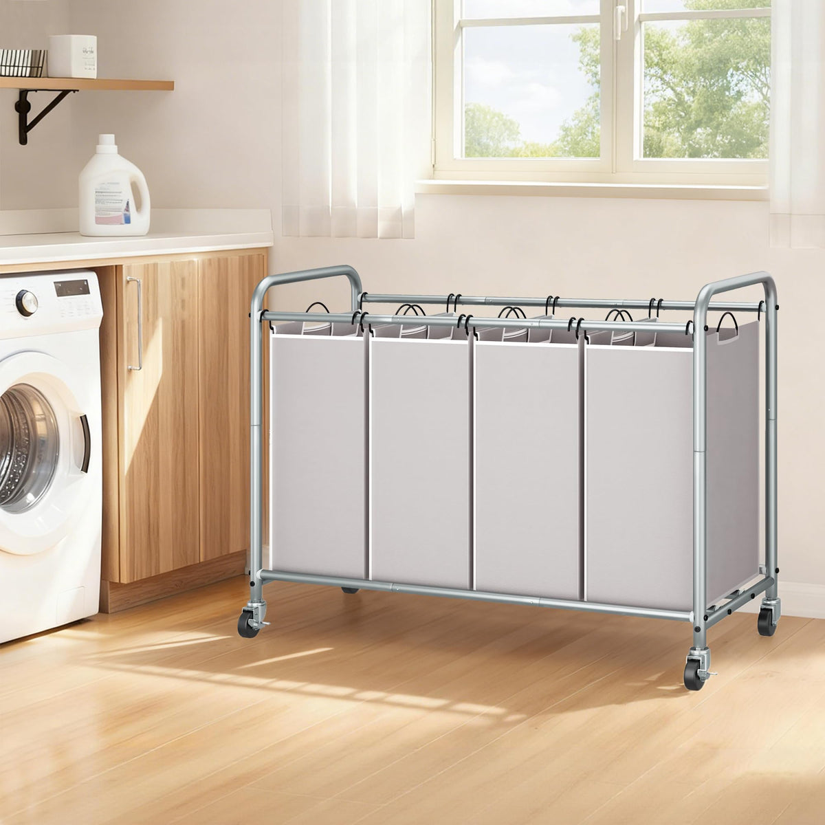 STORAGE MANIAC Laundry Sorter 4 Section, 47.5 Gal (180 L) Laundry Hamper with Wheels, Clothes Divider Basket Sorter, Separator Hamper Cart with Removable Bags, Gray