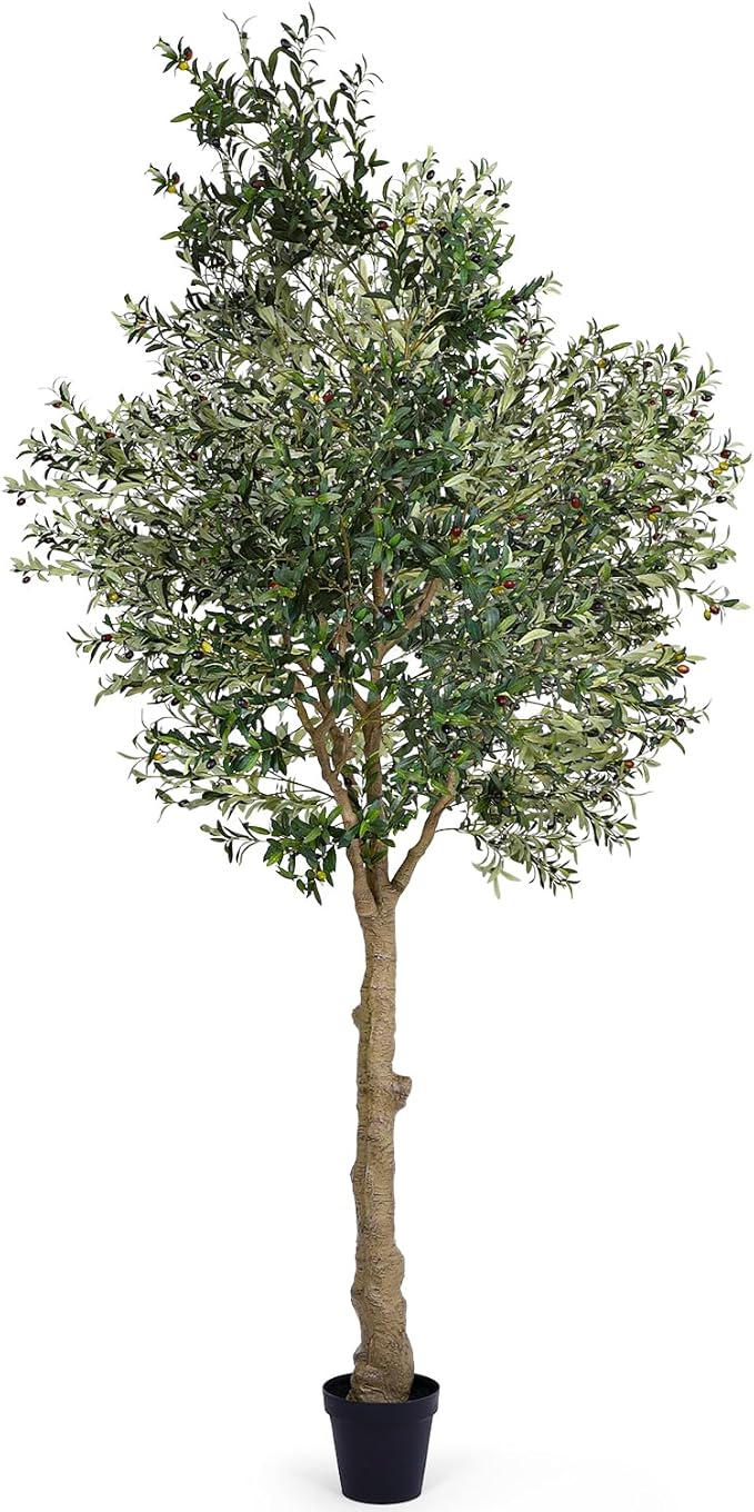 Artificial Olive Tree 10FT, Indoor Fake Silk Plant with Realistic Trunk, Leaves, Fruits and White Planter, Faux Potted Tree for Home Decor and Housewarming Gift, 1 Pack