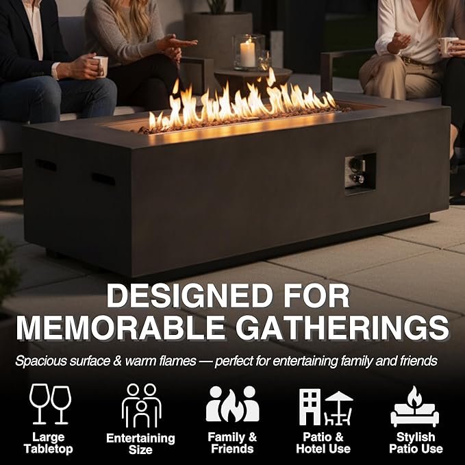 HillAethel 60-Inch Propane Fire Pit Table with Propane Tank Side Table,Set-2-Piece,60,000 BTU Concrete Gas Fire Pit with Free Rain Cover, Tank Seat, Lava Rocks, for Outside Patio Backyard,Dark Grey