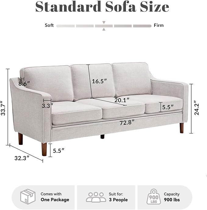 Kingfun 80" Chenille Sofa, 3 Seater Couch, Mid Century Modern Couches with Solid Wood Frame for Living Room & Bedroom, Silver Gray