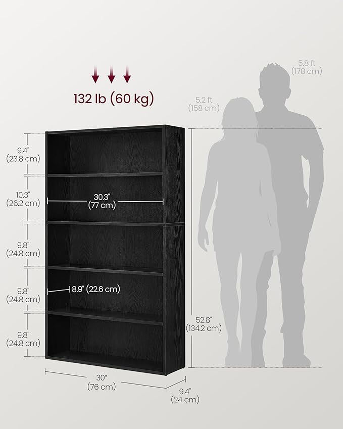 VASAGLE Custos Collection - Bookshelf, 5-Tier Bookcase, Book Shelf, Open Storage Shelf, 9.4 x 30 x 52.8 Inches, for Living Room, Home Office, Dinning Room, Ebony Black ULBC175T56
