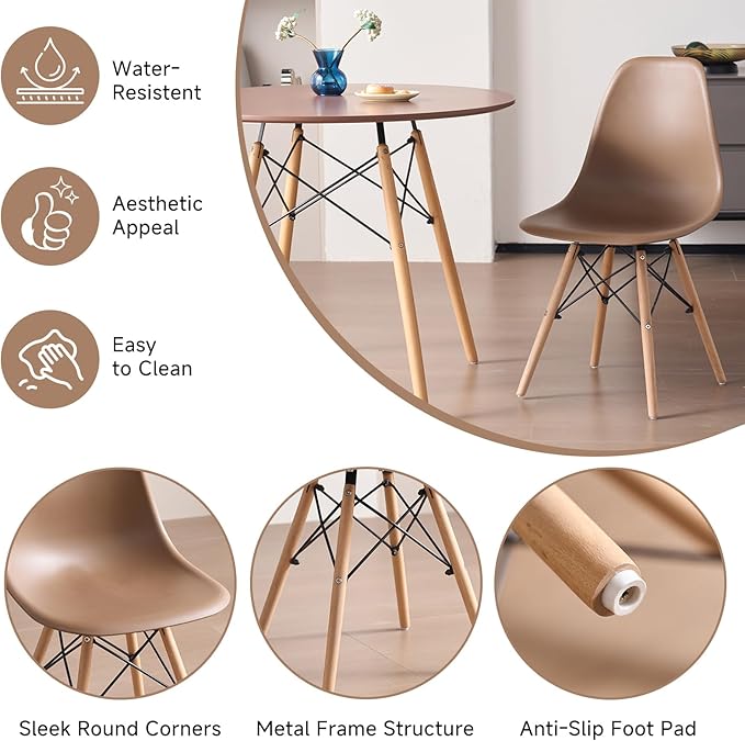 35.5'' 5 Piece Round Dining Table Set for 4, Mid-Century Modern Table with Chairs, Space Saving, Plastic Seats, Wood Legs, Circle Dinner Table for Kitchen, Home, Apartment, Brown