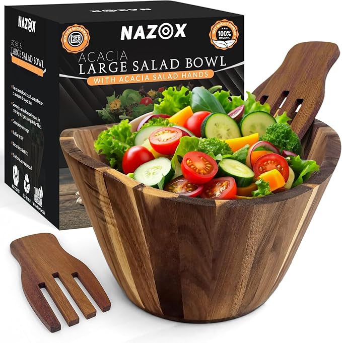 Acacia Wood Salad Bowl Set with Serving Hands, 10” Diameter, 6” Height - Handmade, Large Serving Bowl for Salad, Fruit & Pasta - Durable Natural Brown Serveware Gift, Modern Geometric Design