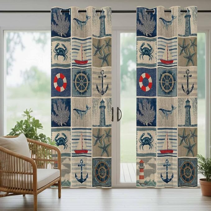 Oceans Outdoor Curtains for Patio Shell Starfish Whales Summer Vintage
