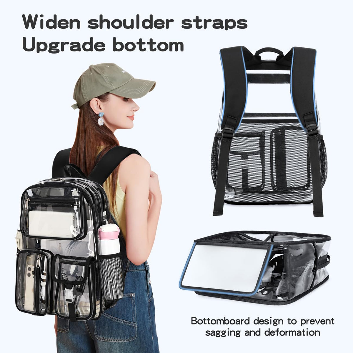 Cusangel Clear X-Large Backpack Heavy Duty Clear BookBag,17.5inch TPU Large Capacity See Through Backpack for Sport Events,Travel,Plastic backpacks for 15age+