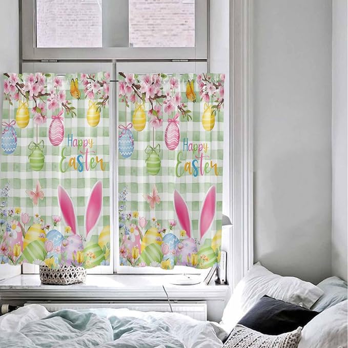 Happy Easter Kitchen Curtains 54 Inches Length, Spring Bunny Eggs Flower Sage