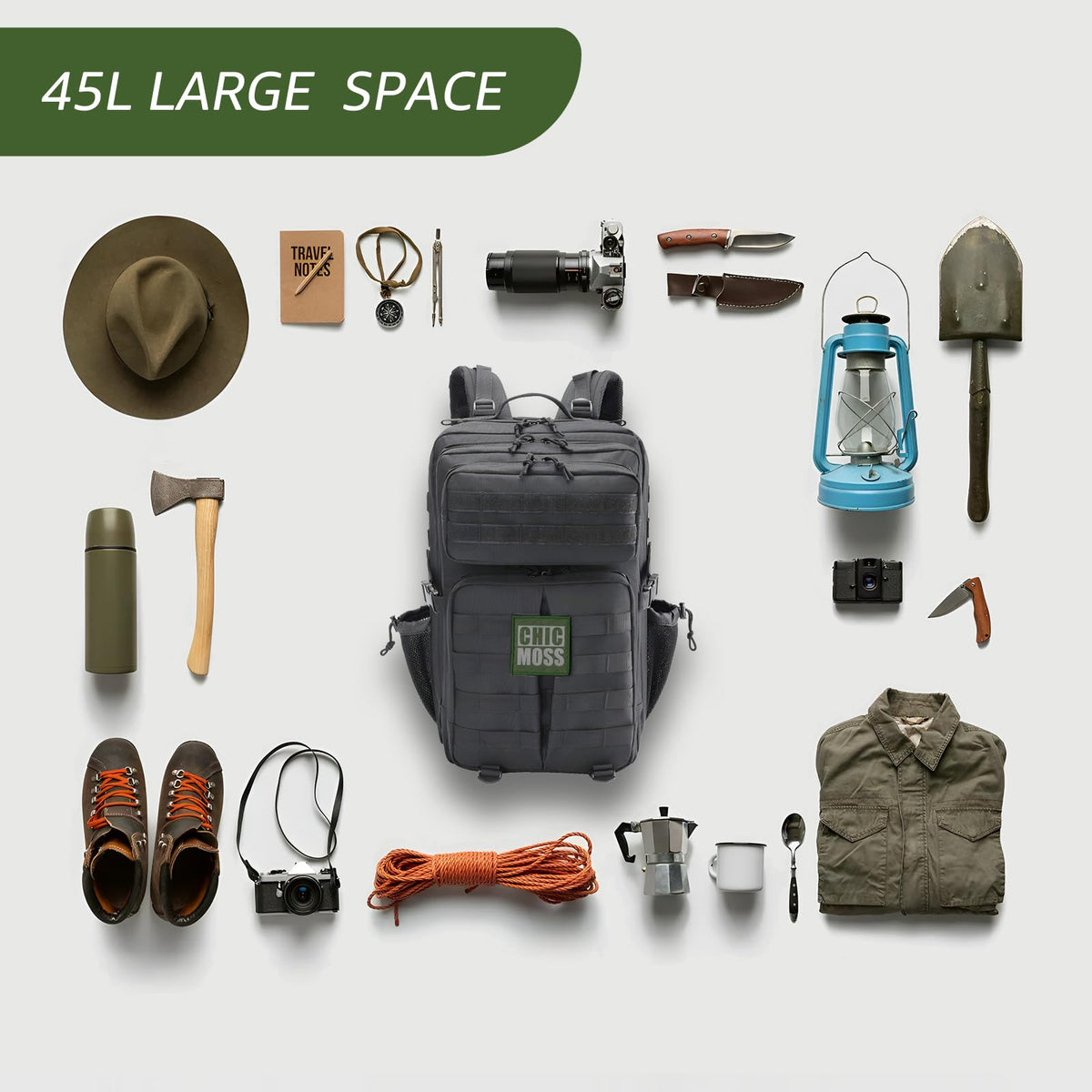 CHICMOSS 45L Military Tactical Backpack - Waterproof Large Army 3 Day Assault Pack Molle Bug Out Bag with Bottle Holder for Men and Women - Rucksack for Hiking, Camping, Travel(Black)