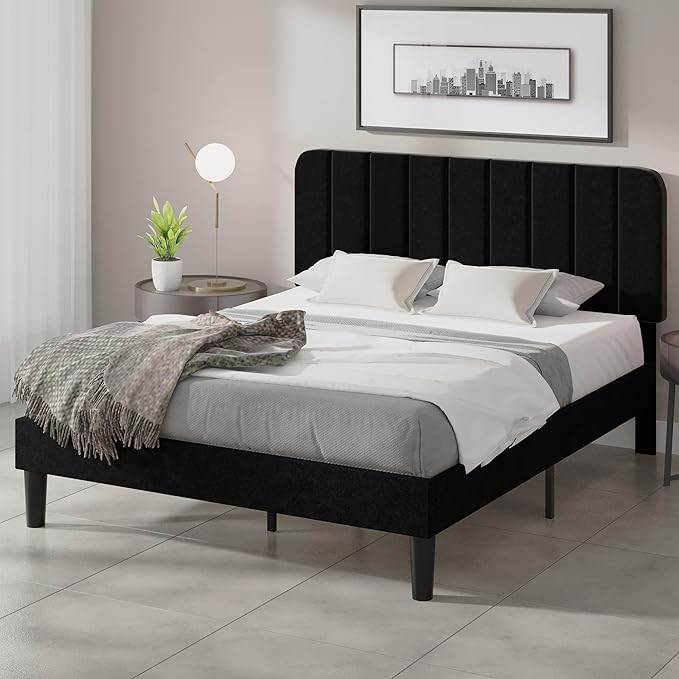 VECELO Full Size Bed Frame with Upholstered Headboard, Velvet Platform Bedframe Mattress Foundation, Strong Wood Slat Support, No Box Spring Needed,Black