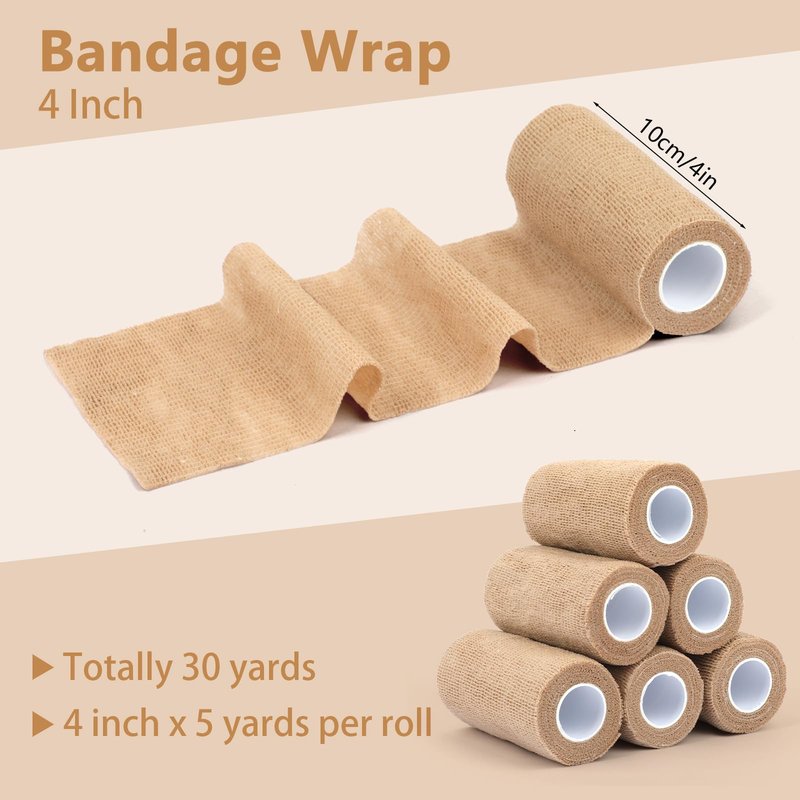 BEVTEE Self Adhesive Bandage Wrap 6 Pack, 4" X 5 Yards Elastic Coban Wrap, Compression Non-Woven Sports Athletic Tape for Wrist, Ankle, Hand, Leg, Swelling, Vet, Grip Tape