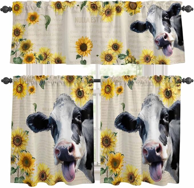 Kitchen Curtains Tiers and Valance Set of 3, Cow Sunflowers Light Filtering