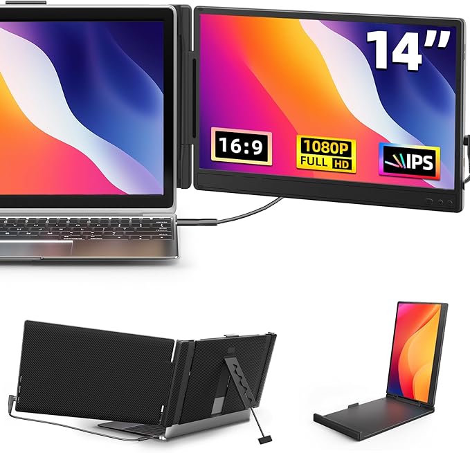 Laptop Screen Extender 14" - FHD 1080P IPS Laptop Monitor Extender Dual Screen, Portable Monitor for Laptops 13-17" with USB-C/HDMI Port, Built-in Speakers, Plug n Play for Mac, Win, Android