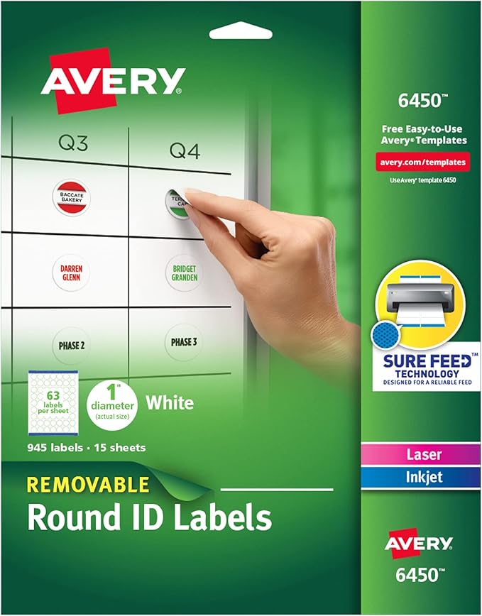 Avery Multiuse Removable 1" Round Labels with Sure Feed, 945 Small White Labels for Organization and Storage (6450)