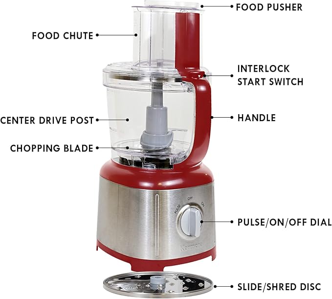 Kenmore 11-Cup Food Processor - Vegetable Procesador de Alimentos, Blender, Onion Chopper And Garlic Mincer, Kitchen Appliance High Powered Electric Licuadora, 500W Red, Stainless Steel Red