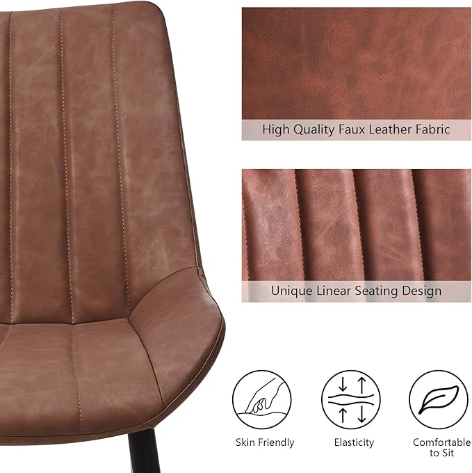 Dining Chairs Set of 4, Faux Leather Modern Linear Design Dining Chair with Metal Legs, 16.9" Seat Width Chair for Kitchen, Lounge, Reception Room, Restaurant, Commercial (Brown)