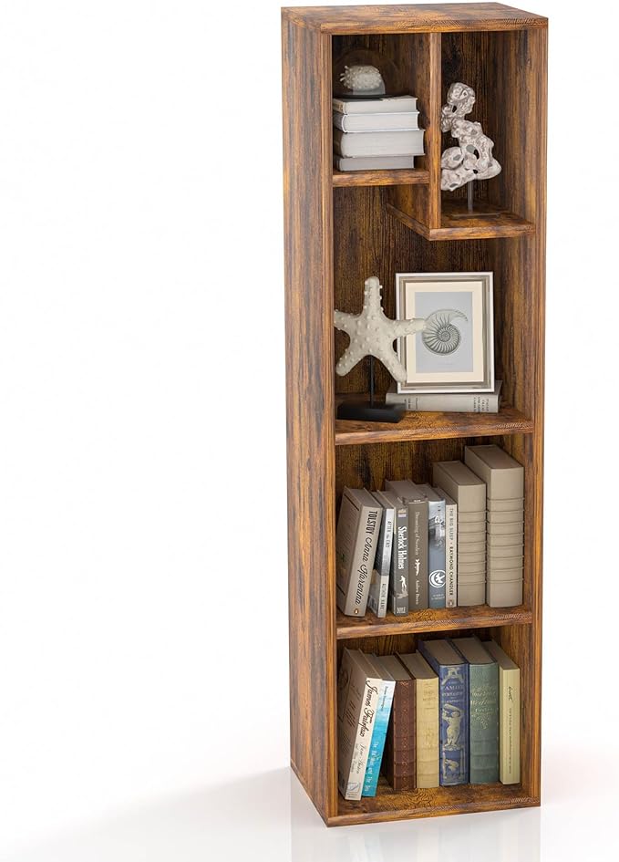 VECELO Small Bookshelf, 5 Cube Slim Bookcase, Fits Tallest Hardcovers, Horizontal Available, Modern Floor Standing Unit, Each Shelf Hold Up to 66 LBS,Brown