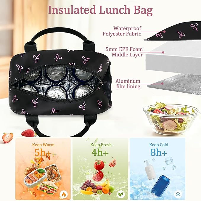 CAMTOP Lunch Box for Women Men Insulated Lunch Bag Lunch Tote Bag Leakproof Thermal Cooler Large Capacity for Travel Work School Picnic (Black Pink Bow)
