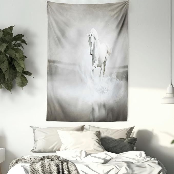 Ambesonne Horses Tapestry, Wild Horse Running Through Water Dramatic for the Motivation of Life Art, Fabric Wall Hanging Decor for Bedroom Living Room Dorm, 30" X 45", Black and White
