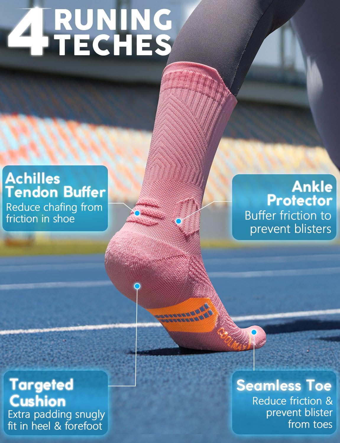 Juclise Bamboo Viscose Compression Running Crew Socks, Moisture Wicking Anti-Blister Hiking Athletic Cycling Gym Socks (US, Alpha, Medium, Regular, Regular, Classic Black+Glacier White+Dusty Pink)