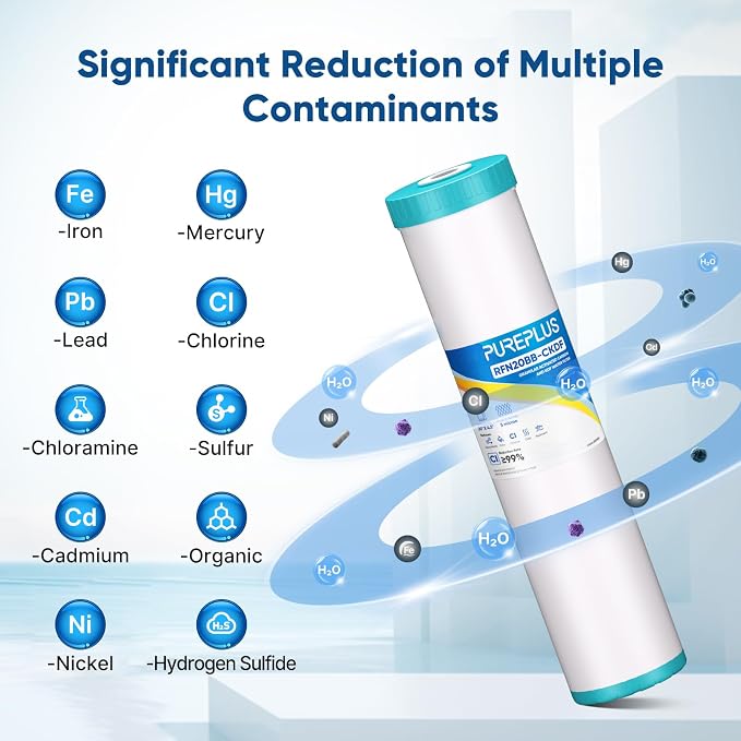 PUREPLUS 5 Micron 20" x 4.5" Whole House KDF/GAC Water Filter, Heavy Metal