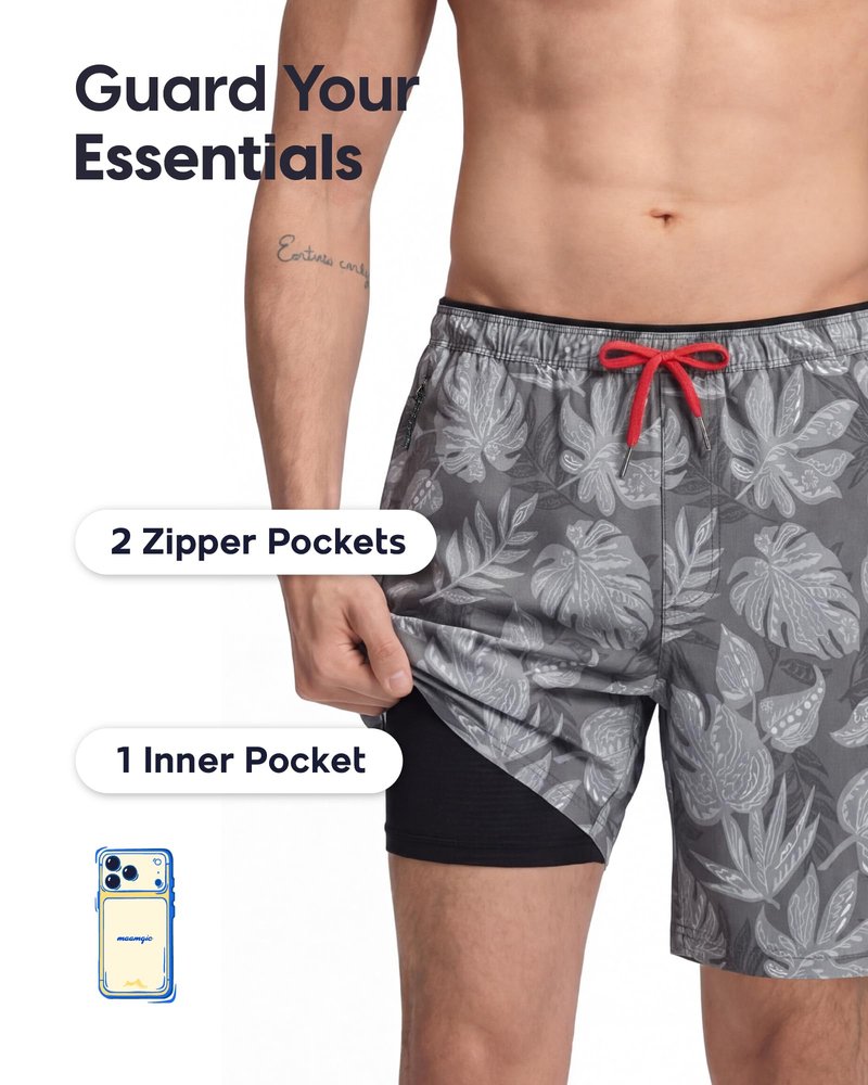 maamgic Mens Swim Trunks 9" with Zipper Pockets, Quick Dry Board Shorts, 4-Way Stretch Compression Lined Bathing Suits, Effortless Flex for Beach, Vacation, Cruise Forest Dark Gray BlackLarge