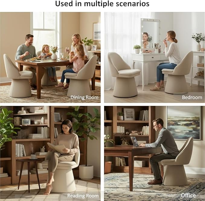 Swivel Dining Chairs Set of 4, Upholstered Mid Century Modern Deskchair with Round Back, Linen Fabric Kitchen Chairs for Dining Room, Bedroom, Dressing Room, Khaki