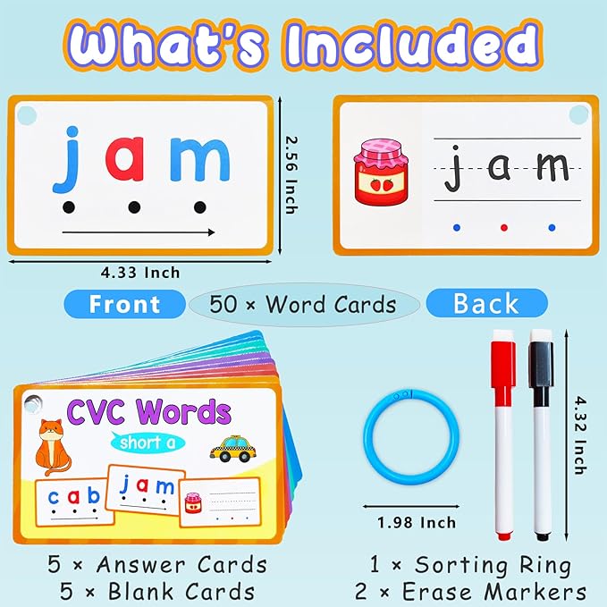 CVC Words Writing & Spelling Cards, Phonics Flash Card, Beginning Phonics Word Builders, Sorting Spelling Word Learning Aids, Speech Therapy, 60 Learning Educaitonal Cards, for Preschool Kindergarten