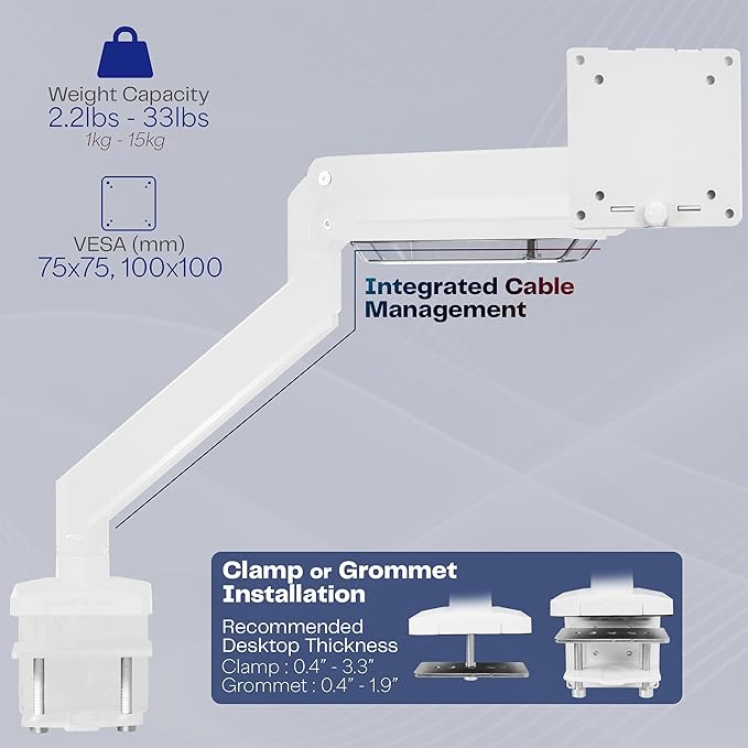 VIVO Premium Aluminum Heavy Duty Monitor Arm for Ultrawide Monitors up to 49 inches and 33 lbs, Single Desk Mount Stand, Pneumatic Height, Max VESA 100x100, White, STAND-V101G1W