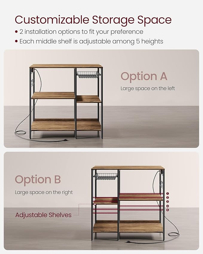 VASAGLE Baker's Rack, Coffee Bar Stand with Charging Station, 35.6 Inches Tall, Storage Shelves, Pull-Out Wire Basket, Table for Microwave, Kitchen, Honey Brown and Ink Black UKKS036K41