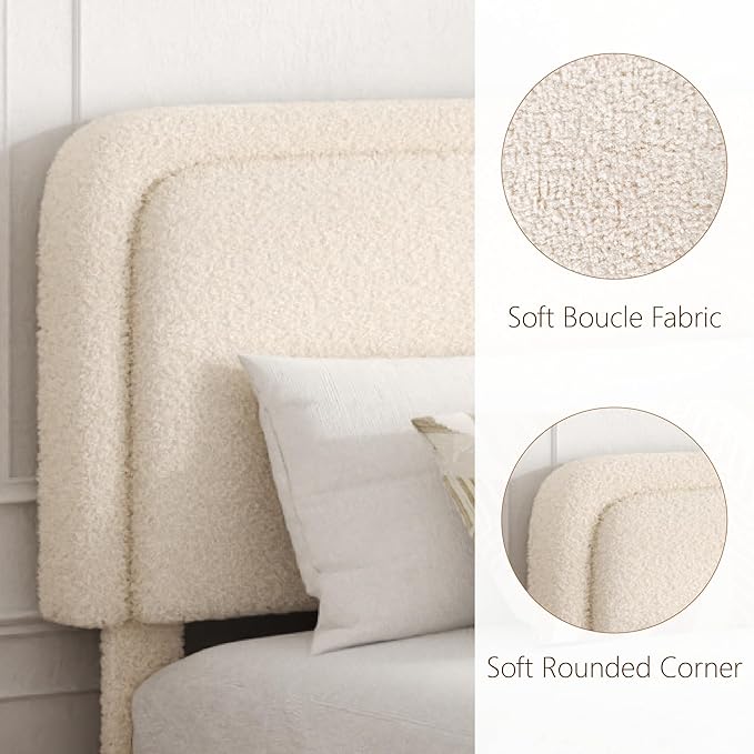 Queen Bed Frame with Headboard Adjustable, Boucle Upholstered Platform Bed Frame Queen Size, Anti-Collision Soft Rounded Corners, No Box Spring Needed, Noise-Free, Easy Assembly, Beige