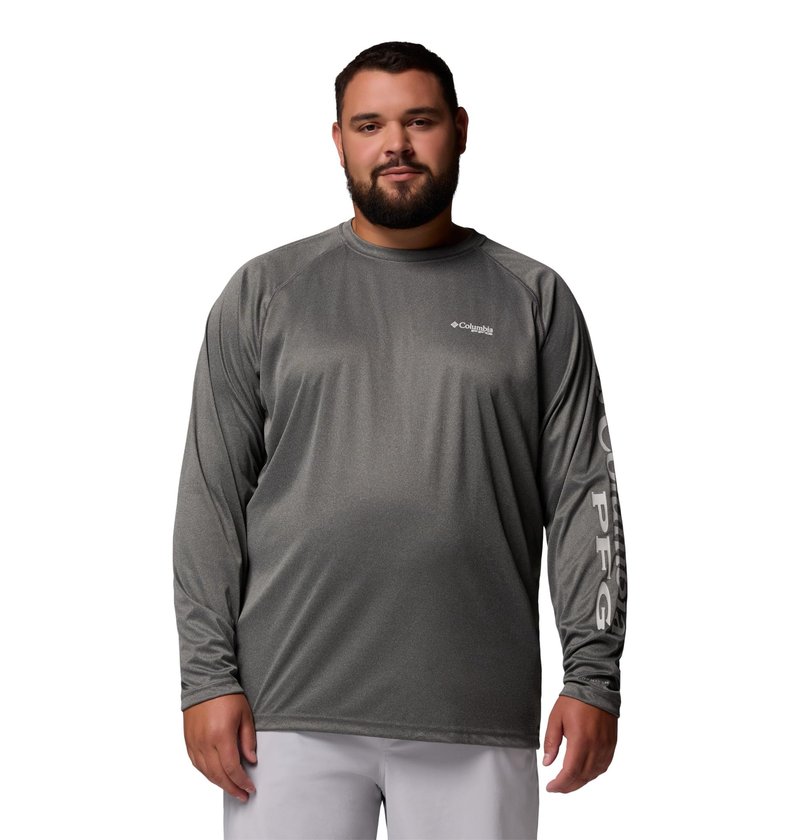 Columbia Men's PFG Terminal Tackle Long Sleeve Fishing Shirt, Charcoal Heather/Cool Grey Logo, 4X Tall