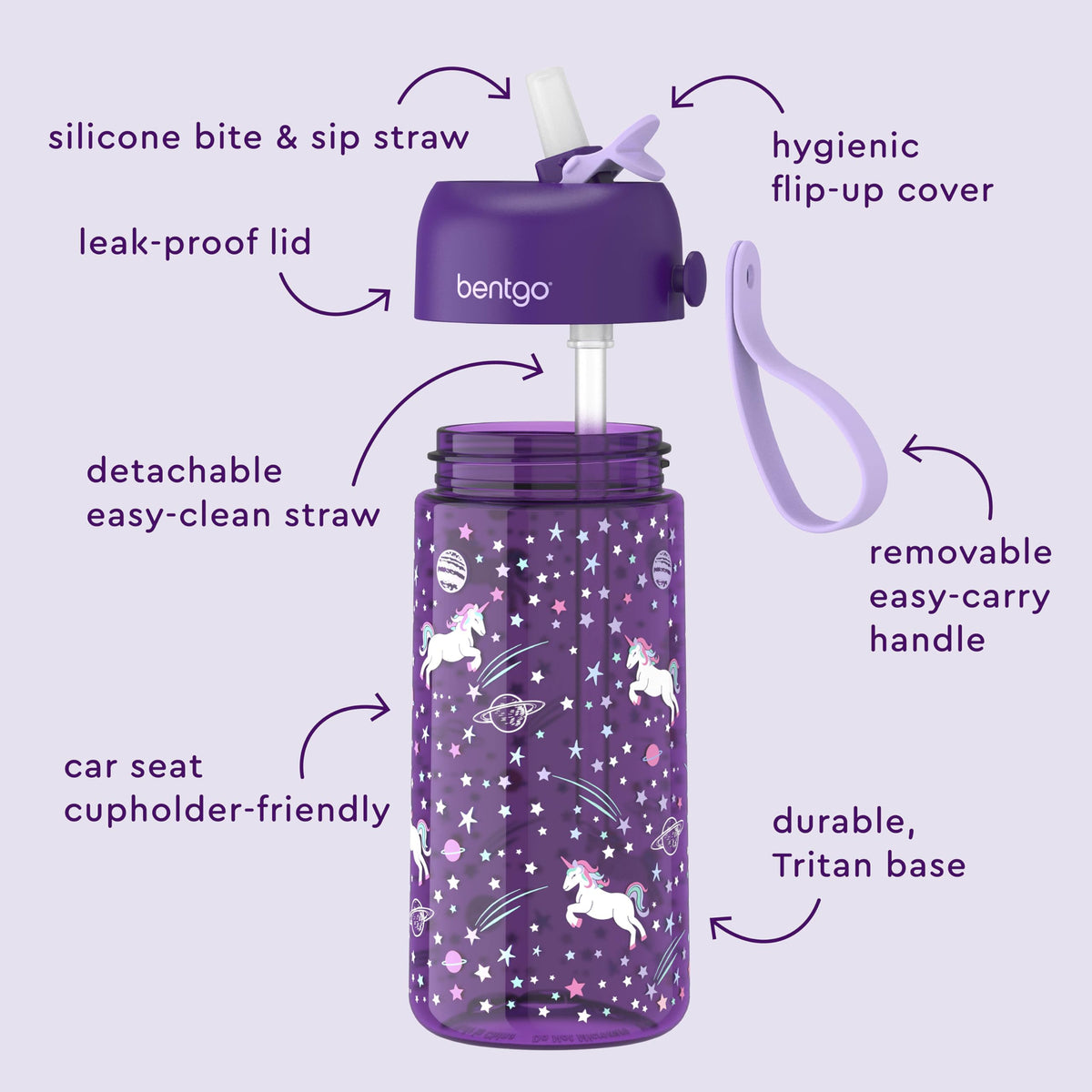 Bentgo Kids Water Bottle - Leak-Proof, Durable Tritan PFAS- & BPA-Free 15 fl oz, Kids/Toddlers Ages 3+ for School & Sports; Bite & Sip Spout, Carrying Handle, Dishwasher Safe (Unicorn)