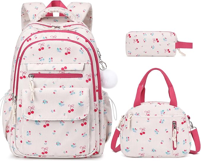Bevalsa Backpack for Gilrs, 3PCS Corduroy Kids Backpack Set with Lunch Box & Pencil Pouch, Bookbag Daypack Laptop Bag for Women Teens Elementary Middle High School