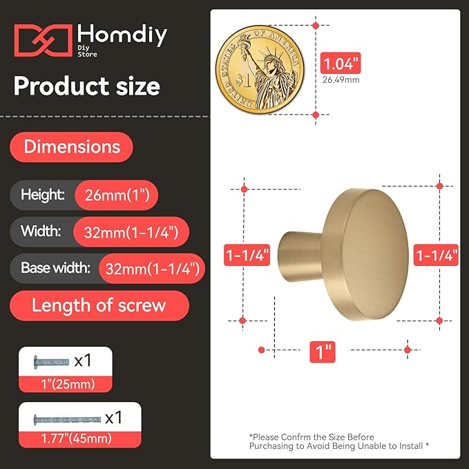homdiy 10 Pack Champagne Bronze Cabinet Knobs Round Kitchen Handles Zinc Alloy Metal Hardware for Dresser Drawer Desk Cupboard