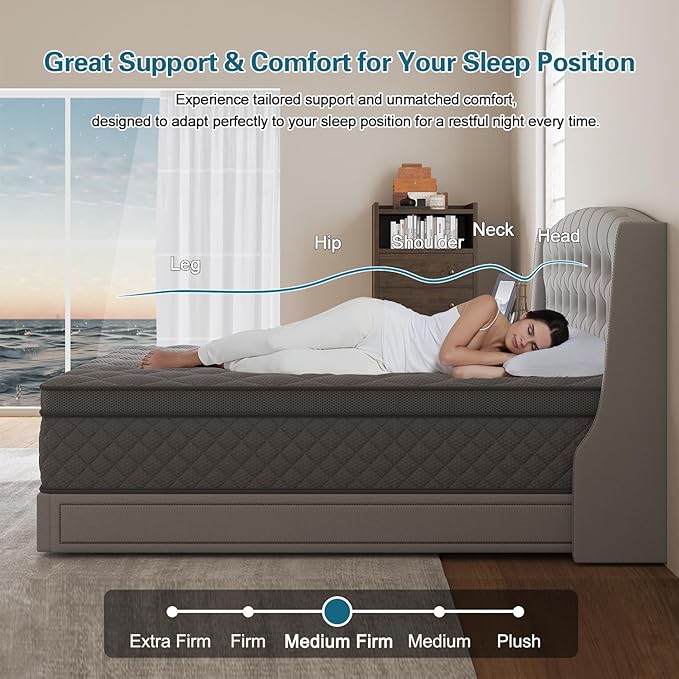 Queen Mattress, 12 Inch Hybrid Mattresses Grey, Euro Top Medium Firm for Back & Lumbar Support, 100 Night Trial, Individual Pocket Spring for Motion Isolation & Pressure Relief
