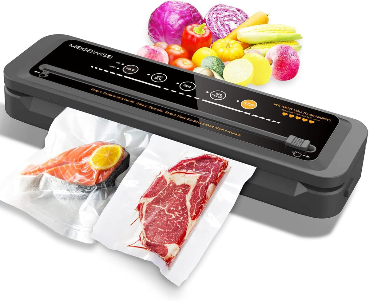 MegaWise Vacuum Sealer Machine, 80kPa Powerful Suction, One-Touch Automatic Food Sealer with Built-in Cutter & Bags Included, Dry Moist Modes for All Saving needs