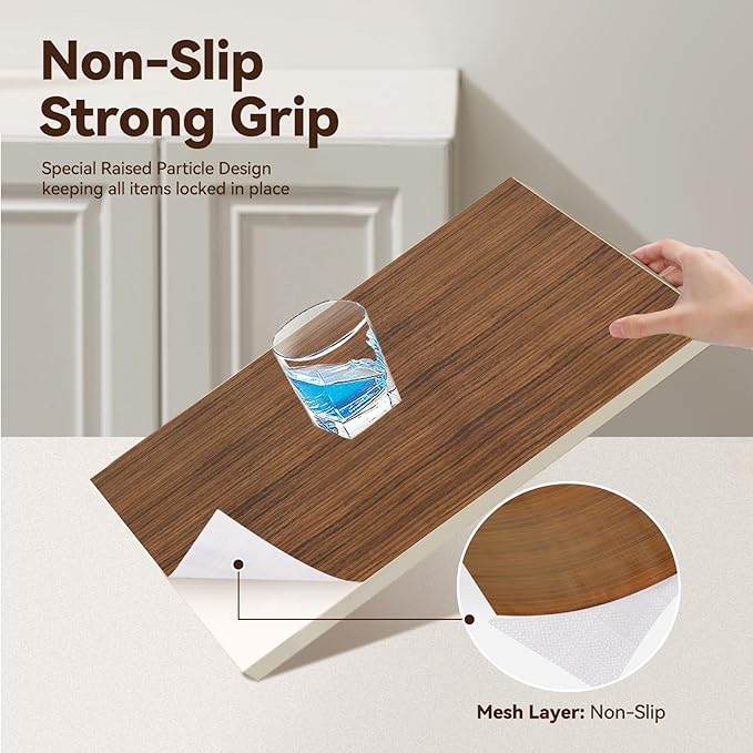 Drawer Shelf Liner for Kitchen Cabinets, Non Adhesive Slip Resistant Shelf Paper Easy to Clean, Strong Grip Thickened Waterproof Washable Mats for Pantry Shelves, Cupboard, Wood Grain, 17.5 in x 10 FT