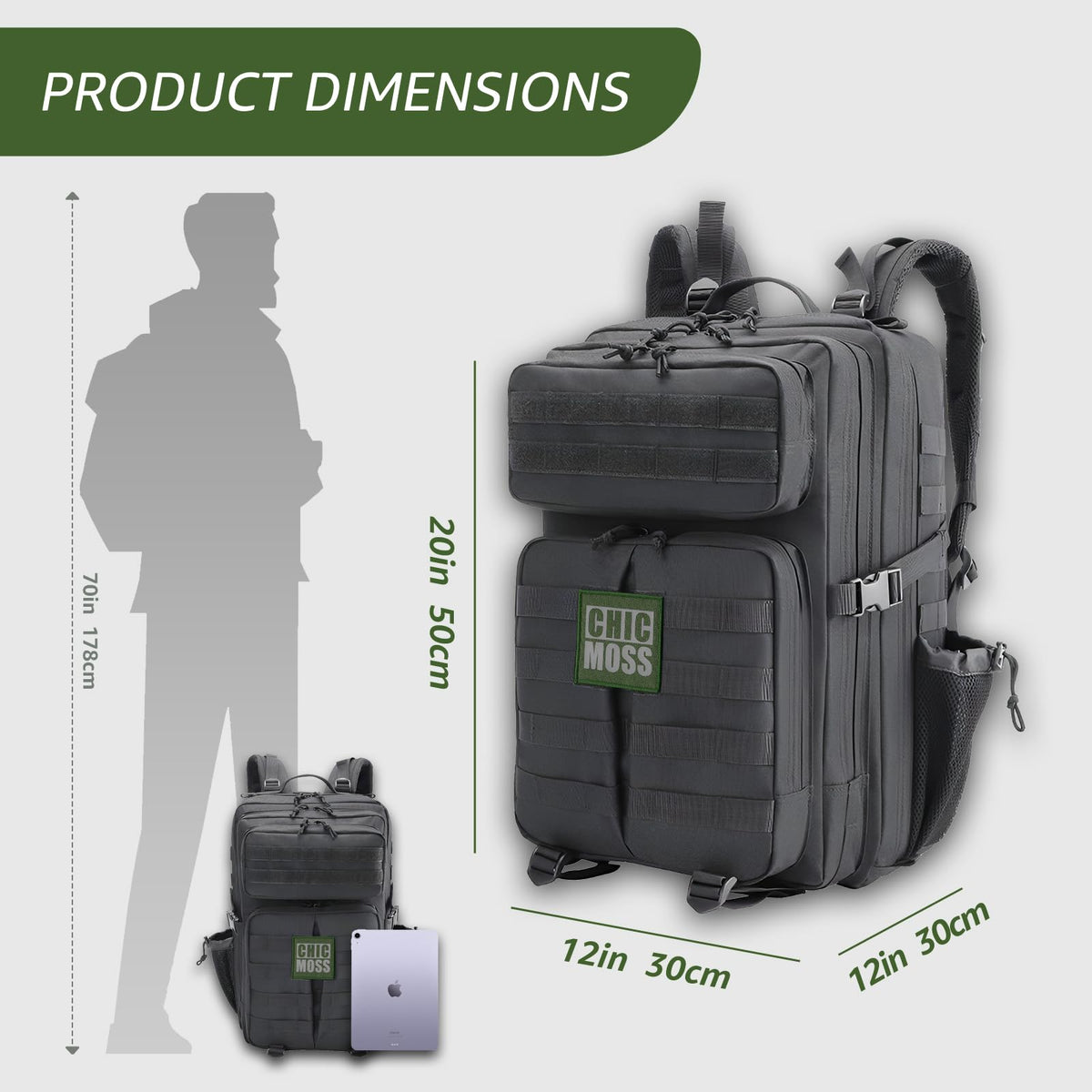 CHICMOSS 45L Military Tactical Backpack - Waterproof Large Army 3 Day Assault Pack Molle Bug Out Bag with Bottle Holder for Men and Women - Rucksack for Hiking, Camping, Travel(Black)