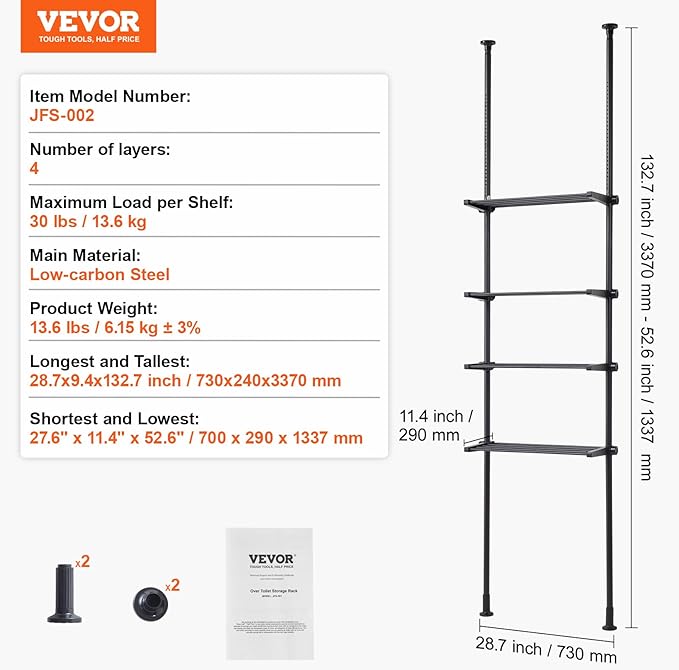 VEVOR Over Toilet Shelf, 4-Tier Adjustable AboveToilet Bathroom Storage, Low-Carbon Steel 53"-132" Tall Storage Shelf Rack, Easy Assembly Laundry Space Saver, for Small Rooms, Fit Most Toilets