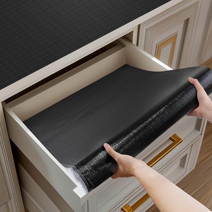 Shelf and Drawer Liner for Kitchen Cabinets Non-Adhesive, Strong Grip Non-Slip Thickened Cabinet Liners for Shelves, Waterproof Mats for Dresser Cupboard, Black, 12 in x 20 Feet