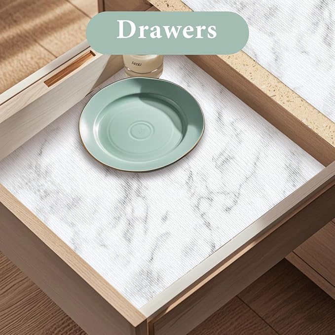 Drawer and Shelf Liner for Kitchen Cabinet: 12 in X 49.21Ft Non Slip Waterproof Shelf Paper Non Adhesive Refrigerator Liners White Marble Easy Liners for Bathroom with Knife Tape Measure