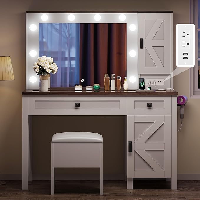 YITAHOME Makeup Vanity Desk with Mirror and Lights, Farmhouse Vanity Table with Charging Station, 42'' Dressing Table with 2 Drawers & 6 Cabinets, 3 Color Lighting Modes, for Bedroom, White