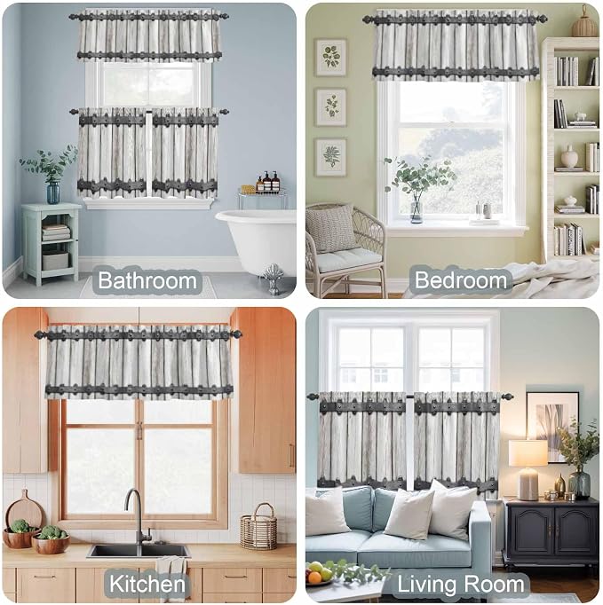 Farmhouse Rustic Kitchen Curtain Set, Vintage Country Wooden Grain Window