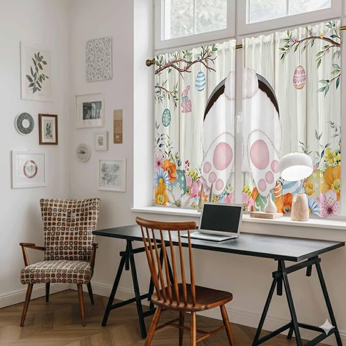 Easter Kitchen Curtains 45 Inch Long 2 Panel Set, Rod Pocket Window Treatment