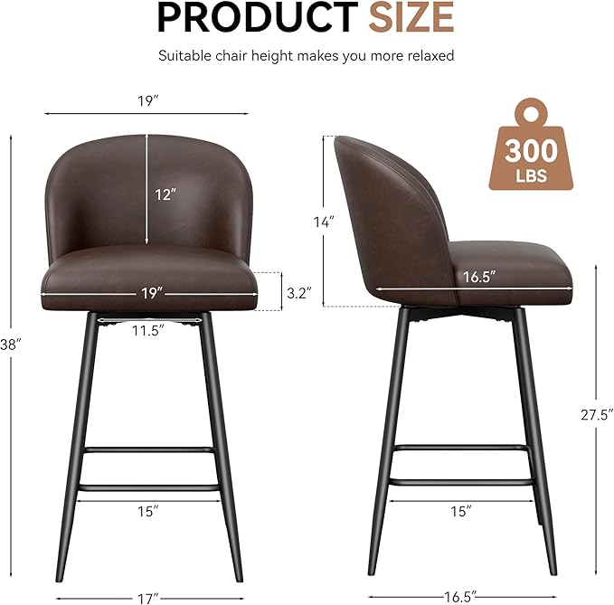 Counter Height Bar Stools Set of 4,360° Swivel Barstools with High Back and Metal Legs,26" Seat Height, Upholstered PU Leather Bar Chairs for Kitchen Island, Dining Room,Cafes,Black Brown
