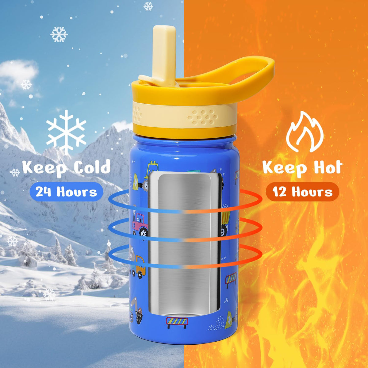 2 Pack Insulated Kids Water Bottle, BUZIO 14oz Stainless Steel Water Bottles with Tritan Straw Lid, BPA-FREE Lead-Free Double Wall Leak Proof Drink Cups Flask for School (Blue Car +Blue Dinosaur)
