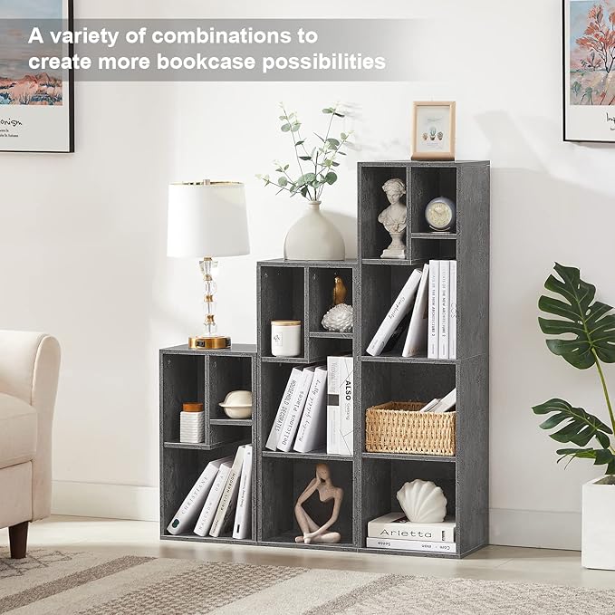 VECELO Small Bookshelf, 5 Cube Slim Bookcase, Fits Tallest Hardcovers, Horizontal Available, Modern Floor Standing Unit, Each Shelf Hold Up to 66 LBS,Gray