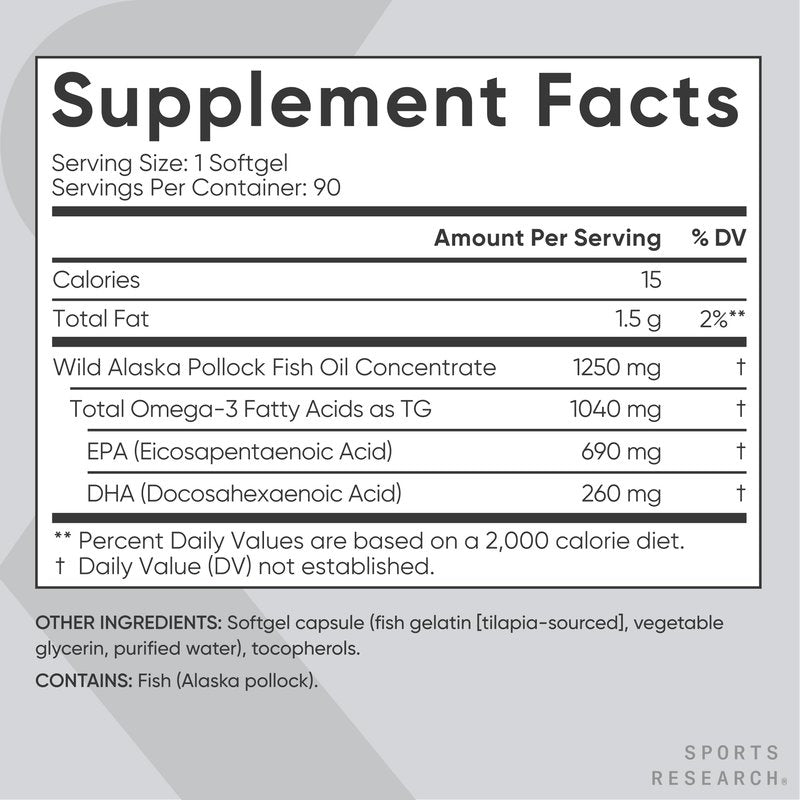 Sports Research® Omega-3 Fish Oil 1250mg from Wild Alaska Pollock, 90 Count