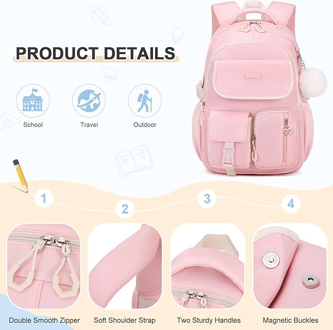 Backpacks for Girls, 3PCS School Backpack with Lunch Box Pencil Pouch for Teen Girls Kids Elementary Primary Middle High College School Bookbag Set （Pink）