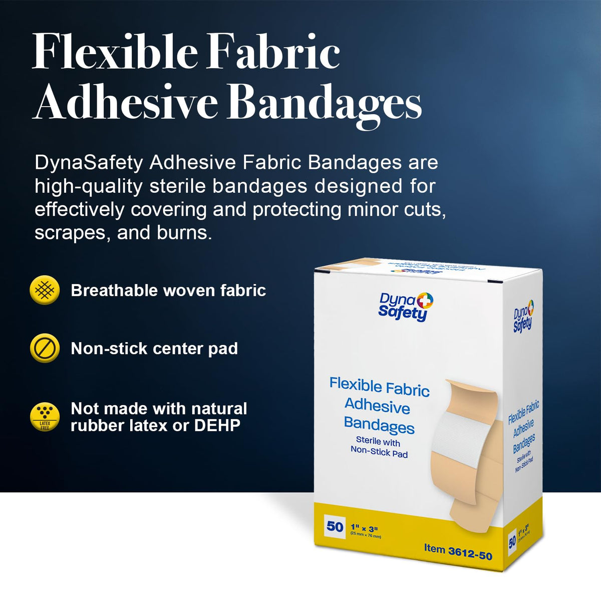 Dynarex Sterile Adhesive Fabric Bandages – 1" x 3" Flexible Wound Dressing for Minor Cuts, Breathable Material, Secure Fit with Non-Stick Pad, 1 Box of 50